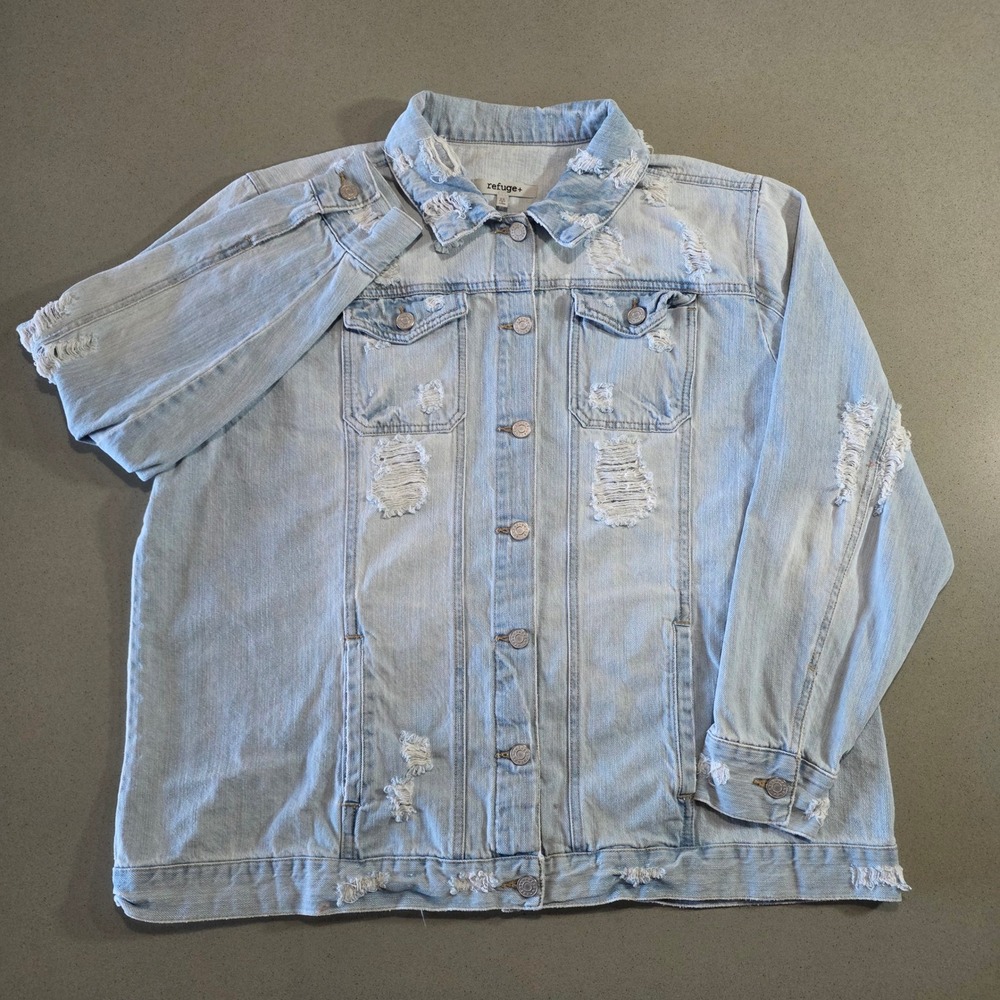 Refuge+ Womens 2X Light Wash Distressed Denim Jacket Heavy Destroyed Jean Jacket